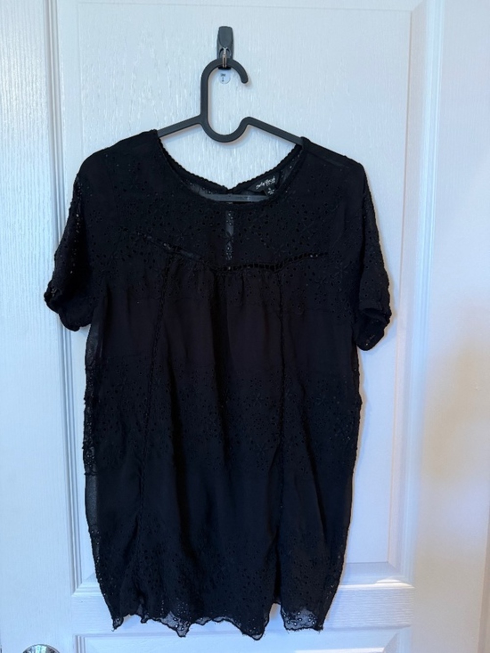 Lucky Brand Black Eyelet Boho Peasant Short-Sleeve Top Whimsigoth Size Small